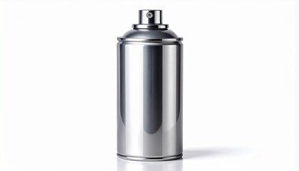 Render a metallic spray bottle with sleek cylindrical design, reflective surface, and precision nozzle, isolated on white background, emphasizing product elegance, packaging clarity, and modern utilit
