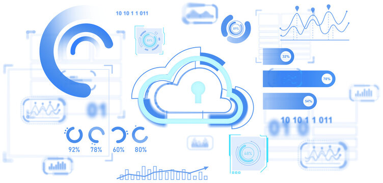 Cloud computing symbol with padlock surrounded by circular progress bars, charts, and digital UI elements in modern graphic style on transparent background