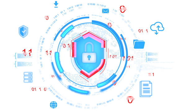 Digital padlock shield with glitch effect and binary code, futuristic graphic style, isolated on white background, concept of data protection