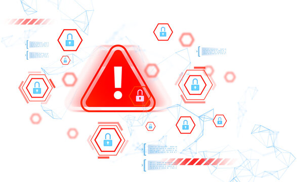 Red warning triangle with exclamation mark and padlock icons on transparent digital background, representing online security risk and data protection breach