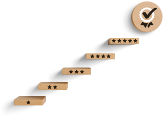 Wooden blocks with star ratings form ascending steps ending in a seal with a check mark, isolated on transparent background, symbolizing quality progress