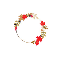 Elegant autumn wreath with red maple and golden leaves on a thin circular frame, ideal for fall invitations, cards, and seasonal designs.