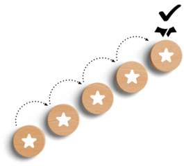 Wooden circular tokens with star-shaped cutouts arranged in a diagonal path with dotted arrows and a check mark on isolated white background, concept of progress