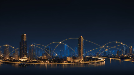 Obraz premium Sunshine in the Smart digital Innovation city with connection network reciprocity over the cityscape. of future smart wireless digital city and social media networking systems that connects