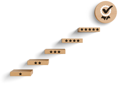 Wooden blocks with star ratings form ascending steps ending in a seal with a check mark, isolated on transparent background, symbolizing quality progress