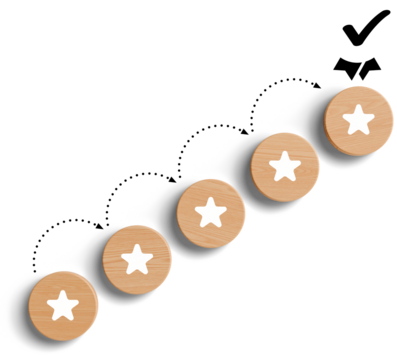 Wooden circular tokens with star-shaped cutouts arranged in a diagonal path with dotted arrows and a check mark on isolated white background, concept of progress
