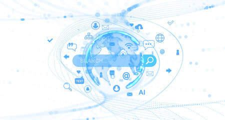 Globe surrounded by network, communication, and data icons in blue graphic style on transparent background, symbolizing global search and connectivity