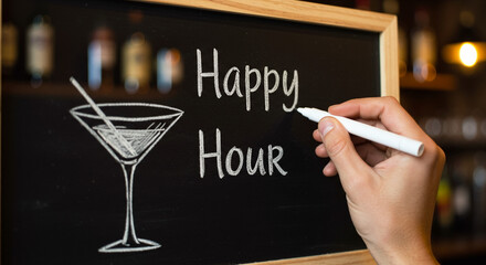 Chalk menu with happy hour on bar board, hospitality service promotion