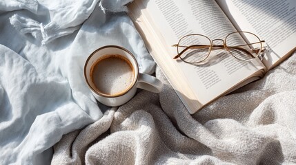 Book Lovers Concept. A cozy scene with a book, coffee, and glasses on soft fabric.