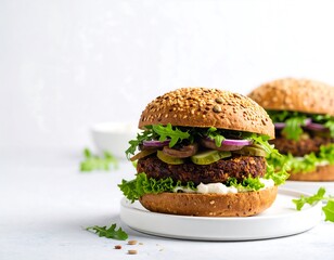 Hearty veggie burger on a seeded bun