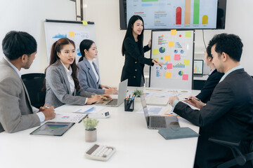 Group of business people discussing charts and graphs showing successful teamwork. Asian business team brainstorming meeting in office.