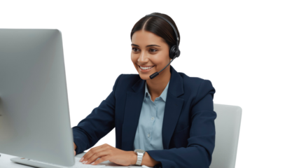 Smiling Customer Service Representative Using Headset and Computer