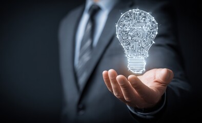 A man in a suit presents an illuminated, circuit-like brain shaped as a lightbulb in his hand, symbolizing innovative ideas