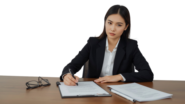 Confident Businesswoman Reviewing Documents at Desk
