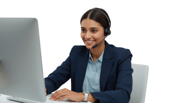 Smiling Customer Service Representative Using Headset and Computer