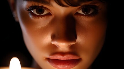 Striking close-up portrait of a woman with a captivating, introspective gaze and a moody, dramatic expression framed by dramatic lighting.
