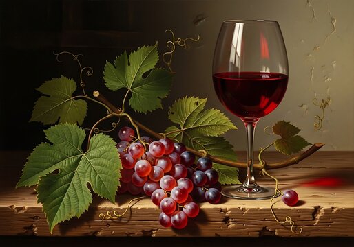 Still life of ripe red grapes with green leaves and a glass of red wine on a wooden surface - Powered by Adobe