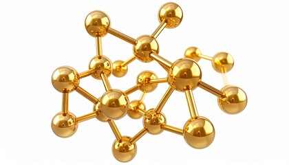 Render a stylized molecular model with golden spheres connected by rods, forming an abstract organic structure, isolated on transparent background, emphasizing scientific elegance and geometric design