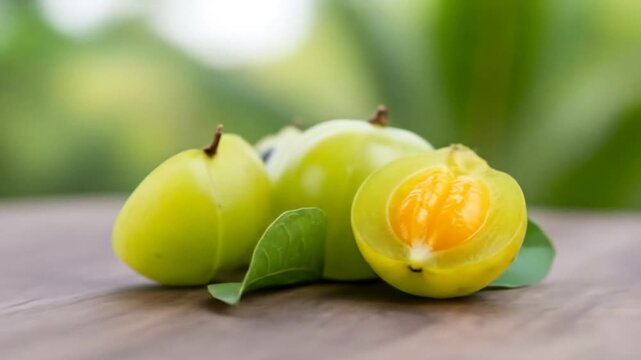 Fresh Indian gooseberries (Amla) on a wooden surface, with one fruit cut open to show its orange pulp and seed, surrounded by green leaves.