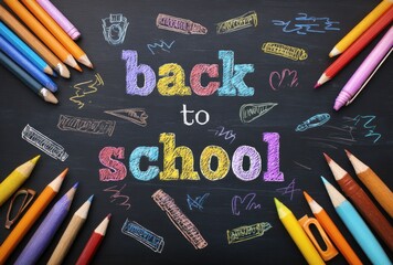 Colorful "Back to School" text surrounded by sketched school supplies and scattered pencils on a dark background evokes education and learning
