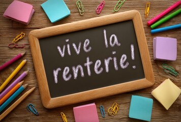 An overhead view of a slate chalkboard with "vive la renterie!" writing surrounded by pencils, sticky notes and paper clips on a wooden background