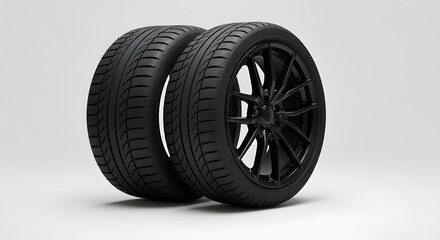 Two sleek black performance car tires with matching alloy wheels displayed against a clean white studio background, emphasizing automotive design and engineering.