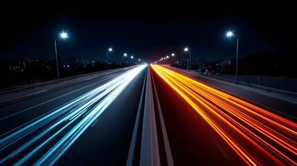 Long exposure image of a busy highway at night, with trails of light from the passing vehicles creating a dynamic and luminous landscape.