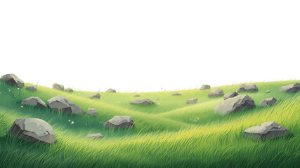 Serene Rolling Hills Landscape with Scattered Rocks and Lush Green Grass