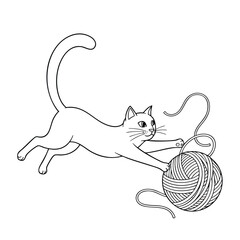A playful cat pouncing on a ball of yarn in a simple black and white line art illustration.