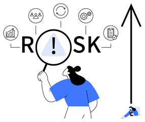 Woman holding magnifying glass over risk symbol with exclamation mark, highlighting key factors thumbs up data, teamwork, strategy, and growth. Ideal for risk management, analysis, business