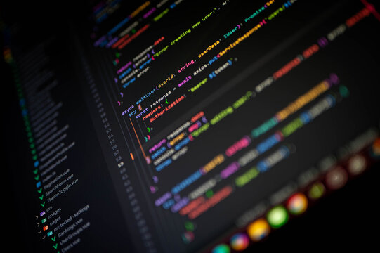 Programming code on a dark-themed interface with vibrant syntax colors, illustrating software development, modern coding workflow, and front-end or back-end engineering in a digital workspace.