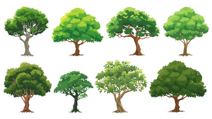 Collection of Ten Diverse Cartoon Trees - Green Foliage, Isolated on Transparent Background