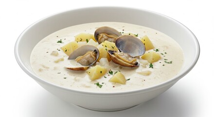 Creamy Chowder with Clams and Potatoes in White Bowl on White Background