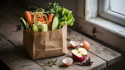 Rustic brown paper bag filled with fresh vegetables and fruit with eggshells and apple on wooden table