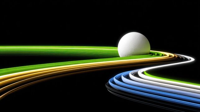 A golf ball sits atop a path of colorful, glowing lines winding across a dark background, creating a sense of movement and abstract design