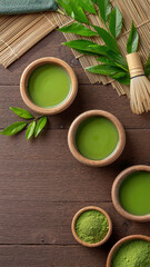  a rustic wooden table featuring three bowls of matcha tea, with bamboo borders and whisks, accompanied by a small cup of green powder, bathed in natural light, leaving intentional copy space.