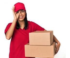 Young Filipina courier with two packages excited keeping ok gesture on eye.