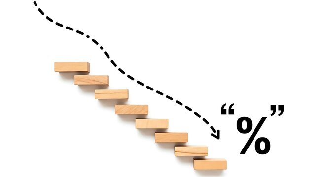 Wooden steps leading downwards with a dotted arrow and percentage sign, isolated on white background