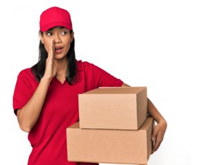 Young Filipina courier with two packages is saying a secret hot braking news and looking aside