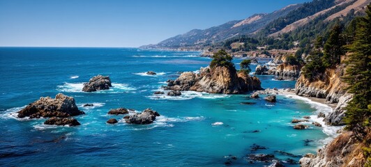 Fototapeta premium Scenic coastal view featuring turquoise waters, rugged rocks, lush greenery, and a distant mountain range under a clear, sunny sky
