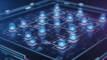 A futuristic digital network showcasing interconnected geometric shapes, illuminated with vibrant colors and intricate patterns, symbolizing advanced technology and connectivity. - Powered by Adobe