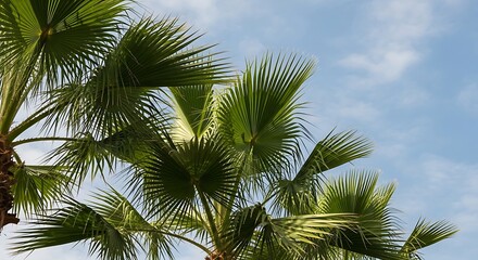 Fototapeta premium Palm tree leaves against a bright blue sky background.