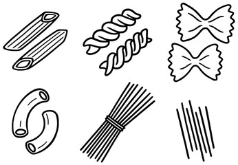 A set of pasta of different shapes scattered on a background