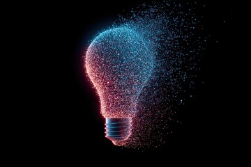 Illuminated lightbulb rendered with small particles in blue and pink tones, slowly dissipating into the darkness on a stark black background