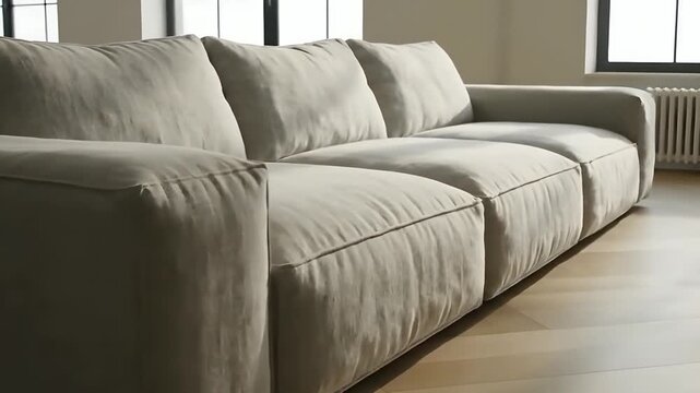 A cozy and comfortable contemporary fabric sofa sits on a wooden floor in a sunlit, minimalist living room interior