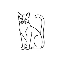 A simple black and white line art illustration of an elegant sitting cat with a long tail.