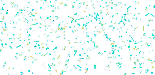 Obraz premium Image of teal, green, and gold confetti falling on a white background. Perfect for celebrations and festive designs.