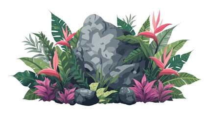 Lush Tropical Foliage and Stone Arrangement Vector Illustration