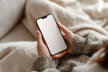 Hands holding a blank-screened smartphone, nestled amongst soft beige textured fabrics. Comfortable and inviting scene with a neutral color palette