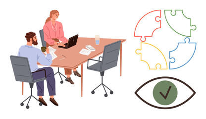 Team collaborating at a table with documents and laptop. Puzzle diagram represents teamwork checklist symbol indicates accomplishment. Ideal for teamwork, strategy, problem-solving, vision